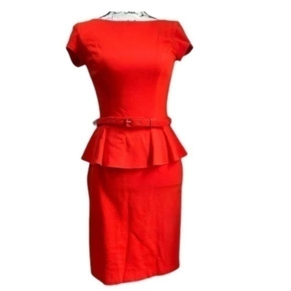 CACHE dress peplum with belt cherry red size 6 small belted fully lined sleek - Picture 2 of 16